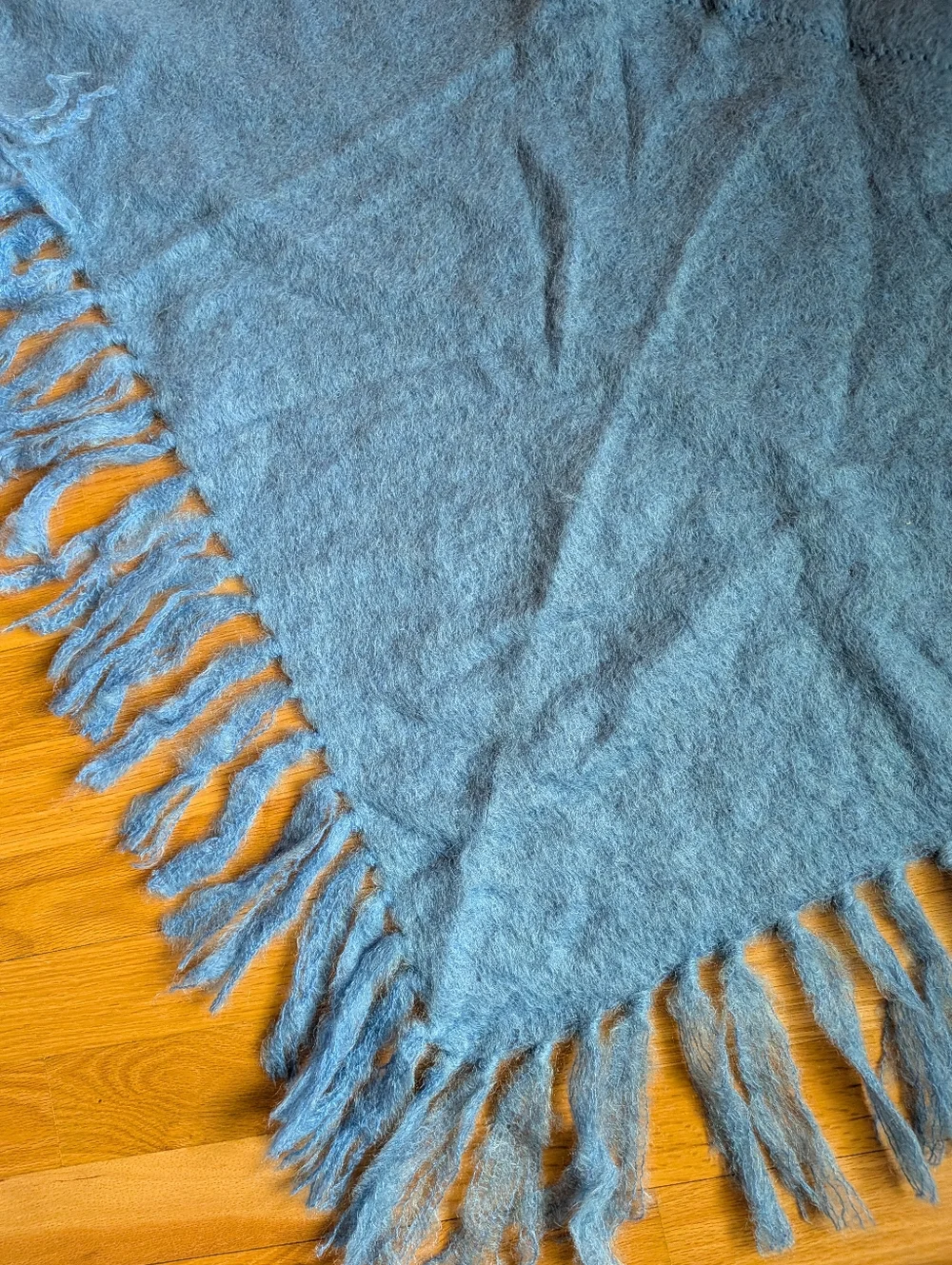Vintage Shawl Cozy Blue Fringed 70% Mohair, 30% Wool